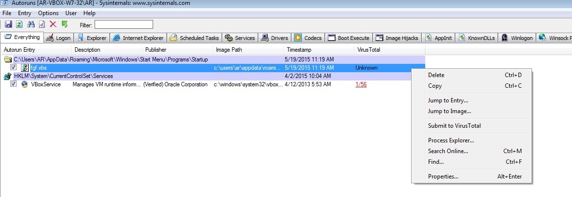 A visual basic script is seen in the startup folder and VirusTotal does not know about it